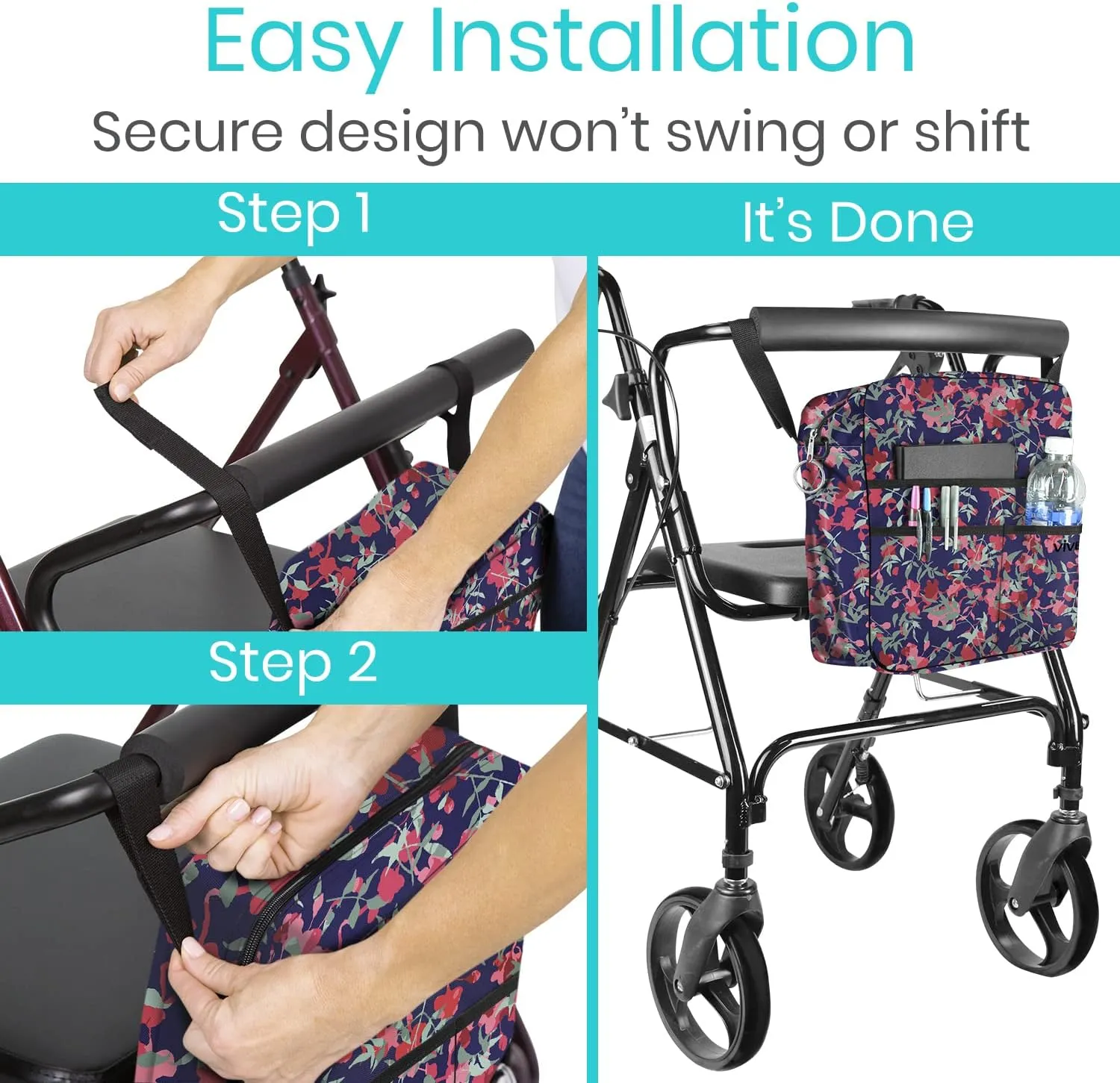 Vive Wheelchair Bag - Machine Washable, Double-Stitched, Water-Resistant Accessory Backpack for Rollators, Wheel Chairs, Walkers - Pouch with XL Pockets & Straps for Quick Installation