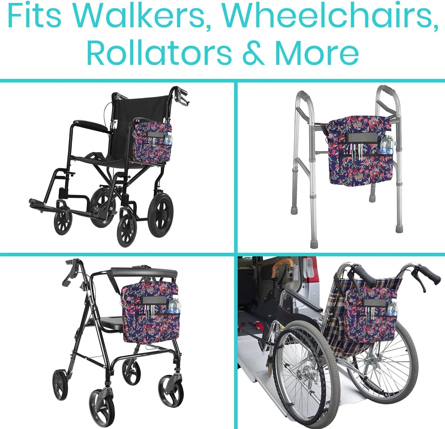 Vive Wheelchair Bag - Machine Washable, Double-Stitched, Water-Resistant Accessory Backpack for Rollators, Wheel Chairs, Walkers - Pouch with XL Pockets & Straps for Quick Installation