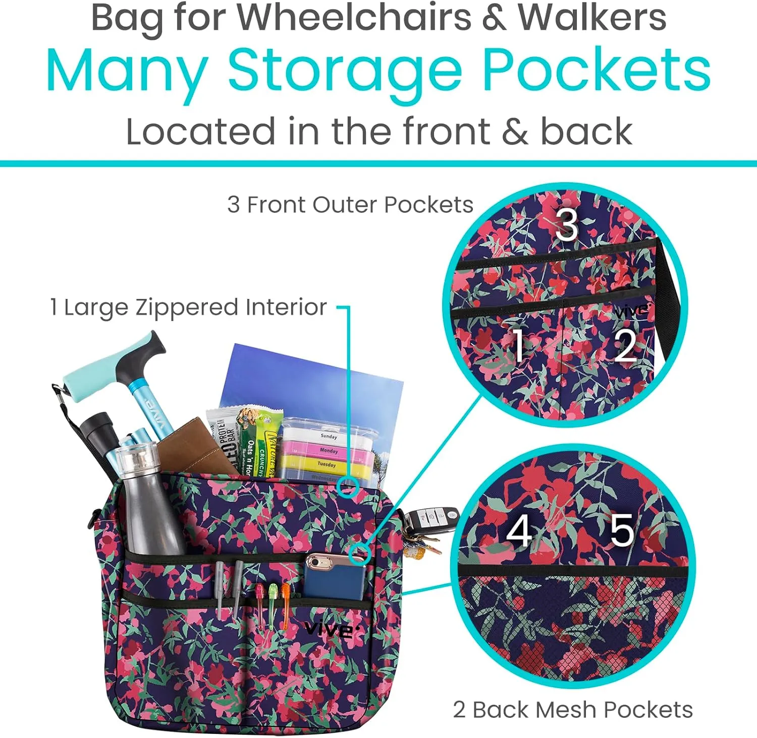 Vive Wheelchair Bag - Machine Washable, Double-Stitched, Water-Resistant Accessory Backpack for Rollators, Wheel Chairs, Walkers - Pouch with XL Pockets & Straps for Quick Installation