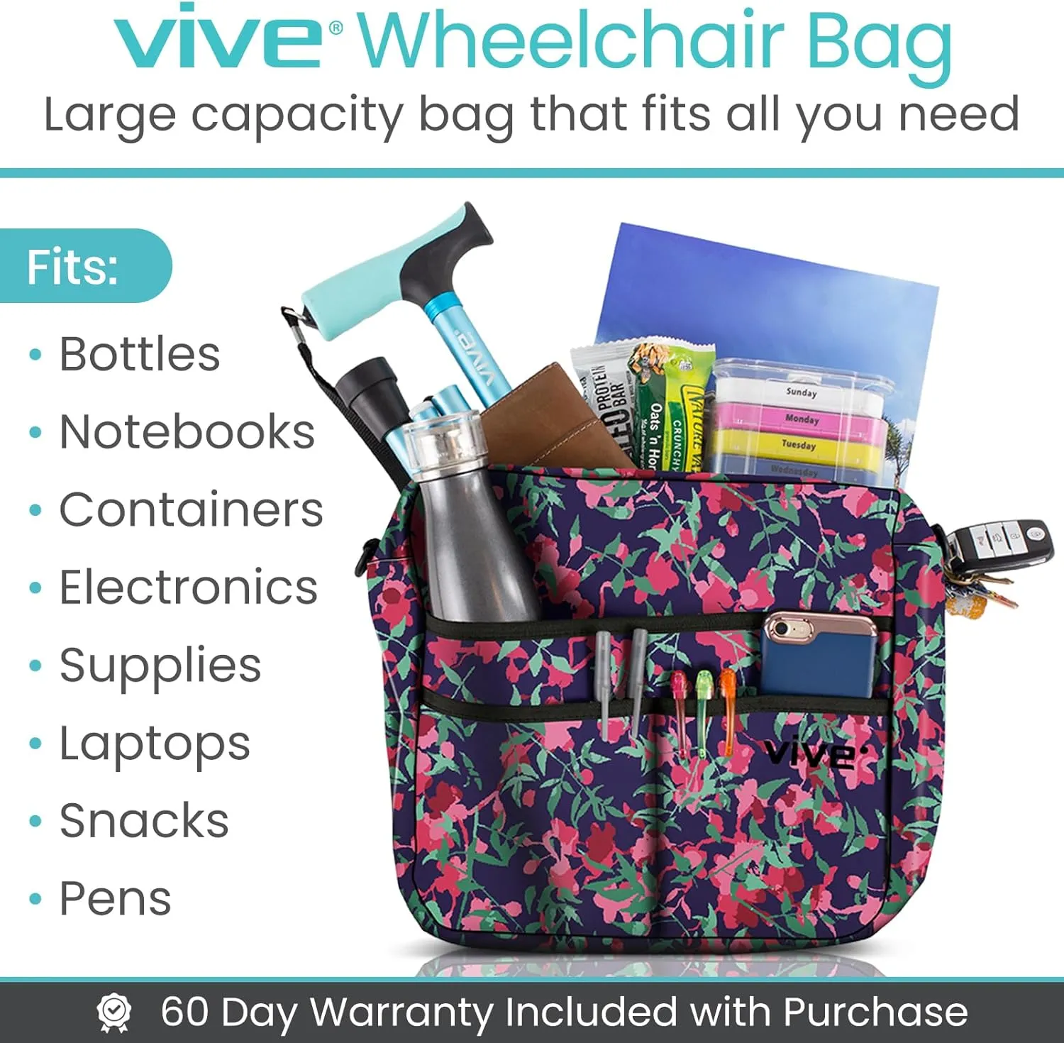 Vive Wheelchair Bag - Machine Washable, Double-Stitched, Water-Resistant Accessory Backpack for Rollators, Wheel Chairs, Walkers - Pouch with XL Pockets & Straps for Quick Installation