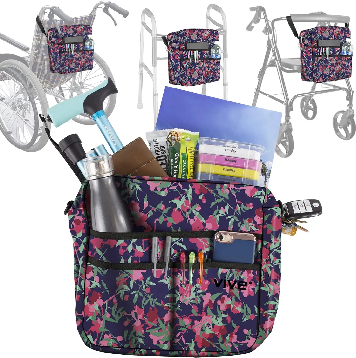 Vive Wheelchair Bag - Machine Washable, Double-Stitched, Water-Resistant Accessory Backpack for Rollators, Wheel Chairs, Walkers - Pouch with XL Pockets & Straps for Quick Installation