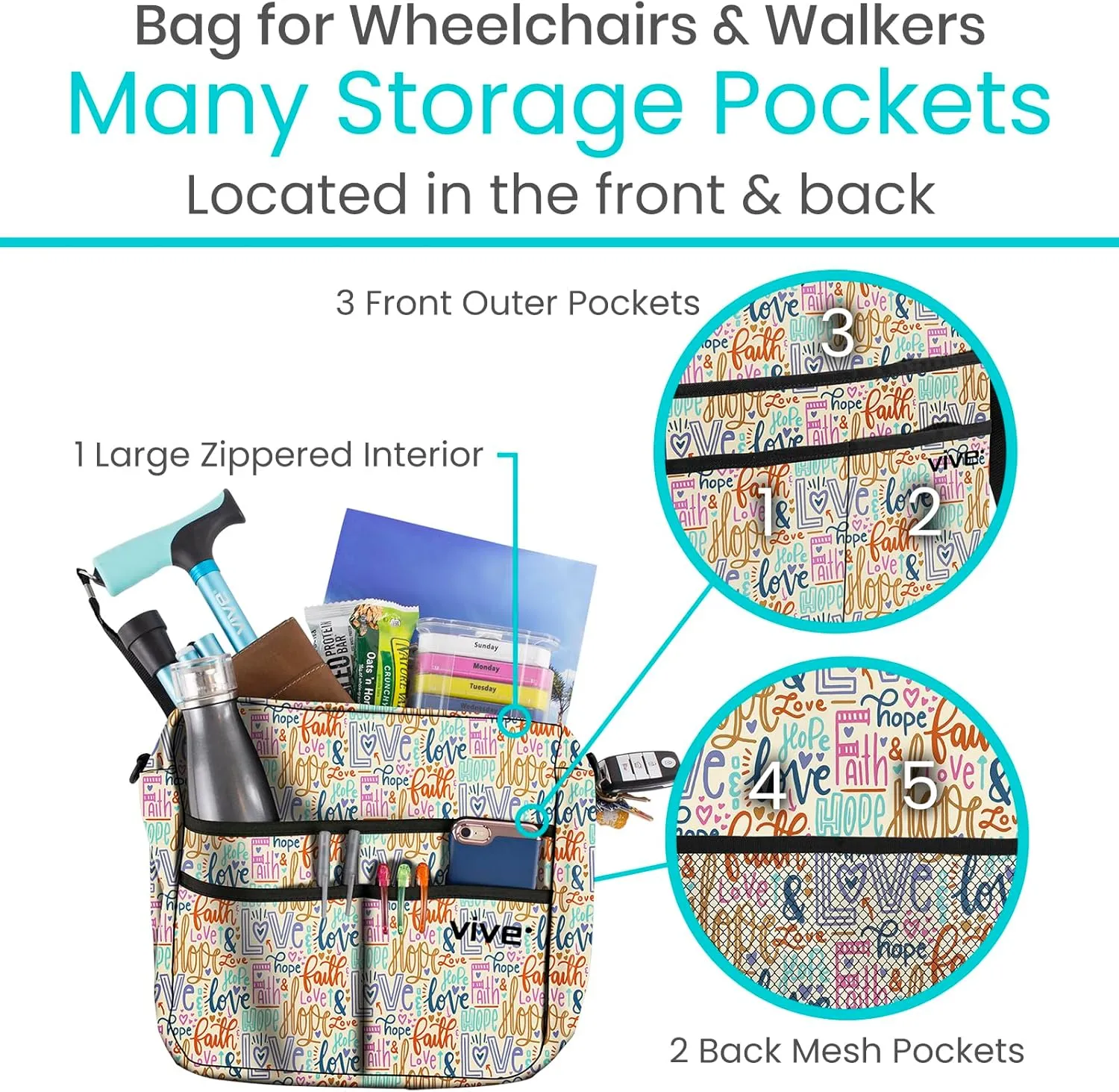 Vive Wheelchair Bag - Machine Washable, Double-Stitched, Water-Resistant Accessory Backpack for Rollators, Wheel Chairs, Walkers - Pouch with XL Pockets & Straps for Quick Installation