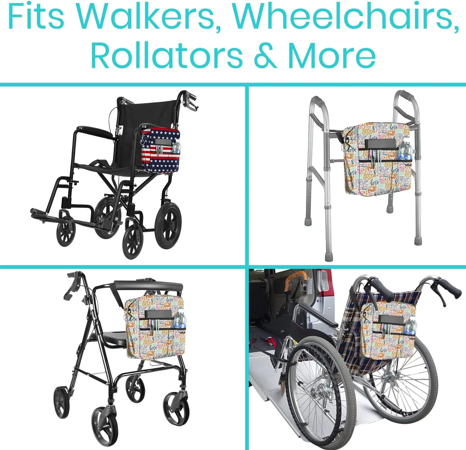 Vive Wheelchair Bag - Machine Washable, Double-Stitched, Water-Resistant Accessory Backpack for Rollators, Wheel Chairs, Walkers - Pouch with XL Pockets & Straps for Quick Installation