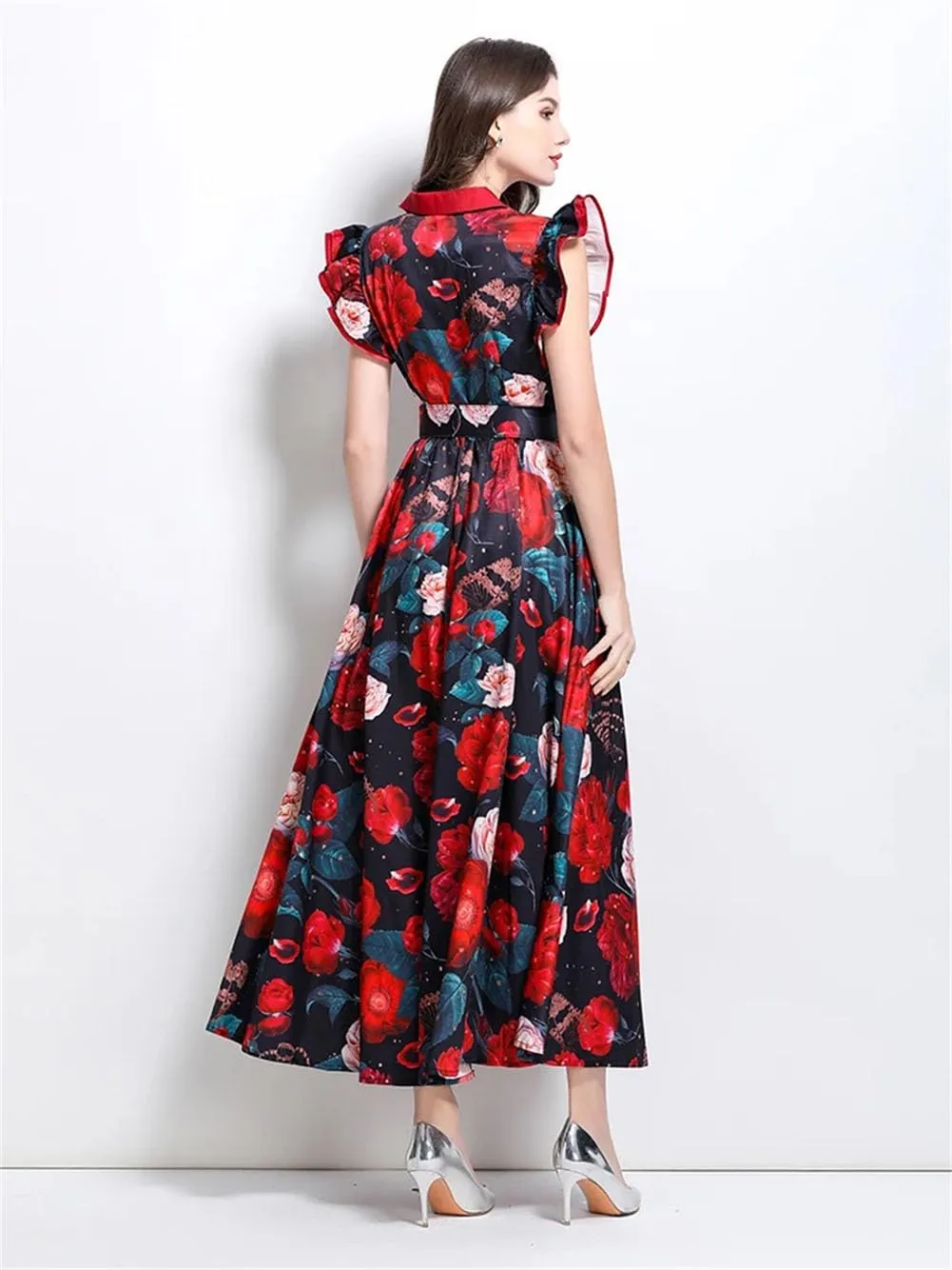 Vsadsau Women Bohemian Maxi Dress Flying Sleeve Single Breasted Dresses Floral Print Long Robe Party Dress