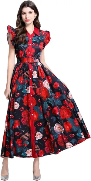 Vsadsau Women Bohemian Maxi Dress Flying Sleeve Single Breasted Dresses Floral Print Long Robe Party Dress
