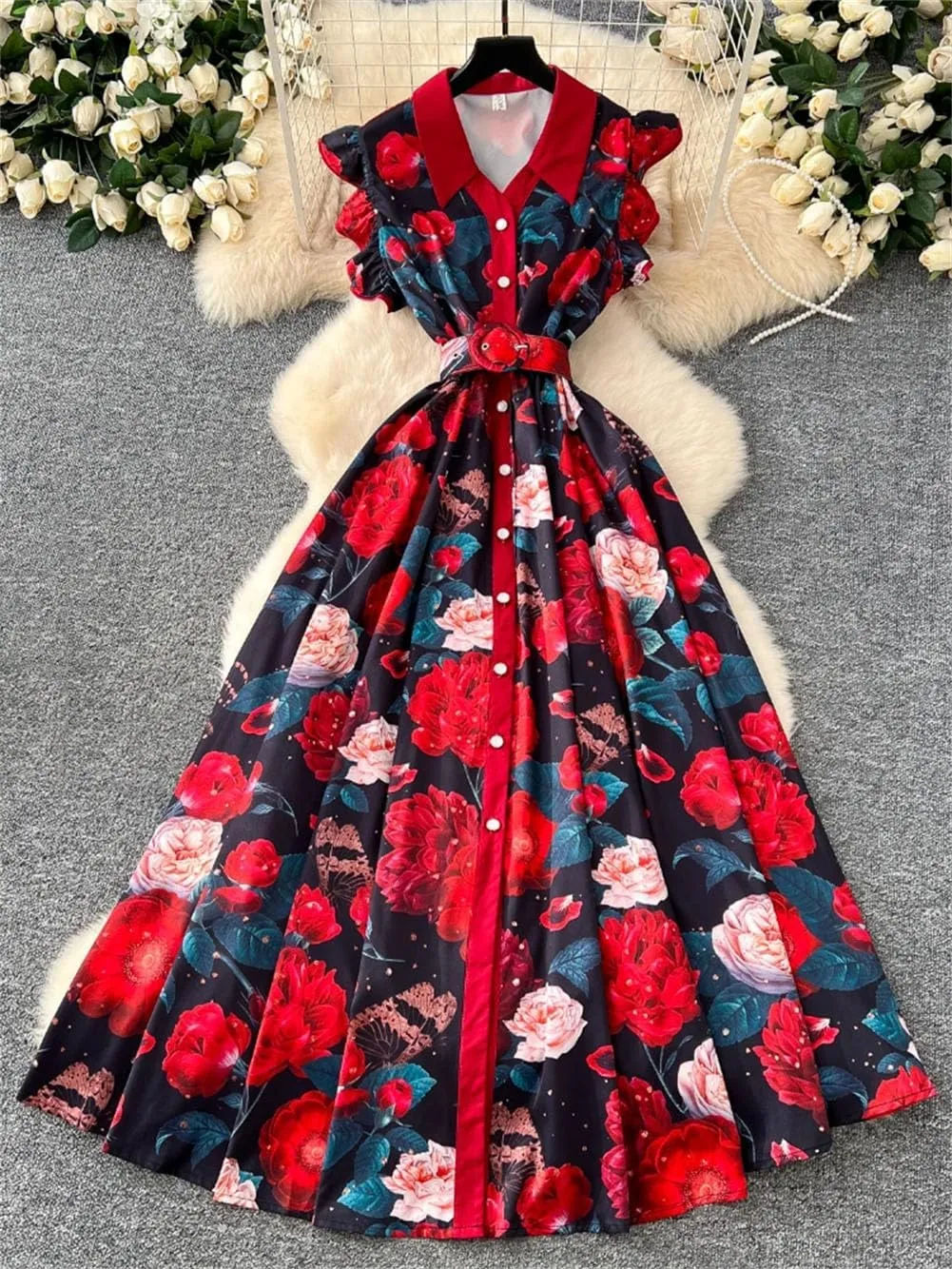Vsadsau Women Bohemian Maxi Dress Flying Sleeve Single Breasted Dresses Floral Print Long Robe Party Dress