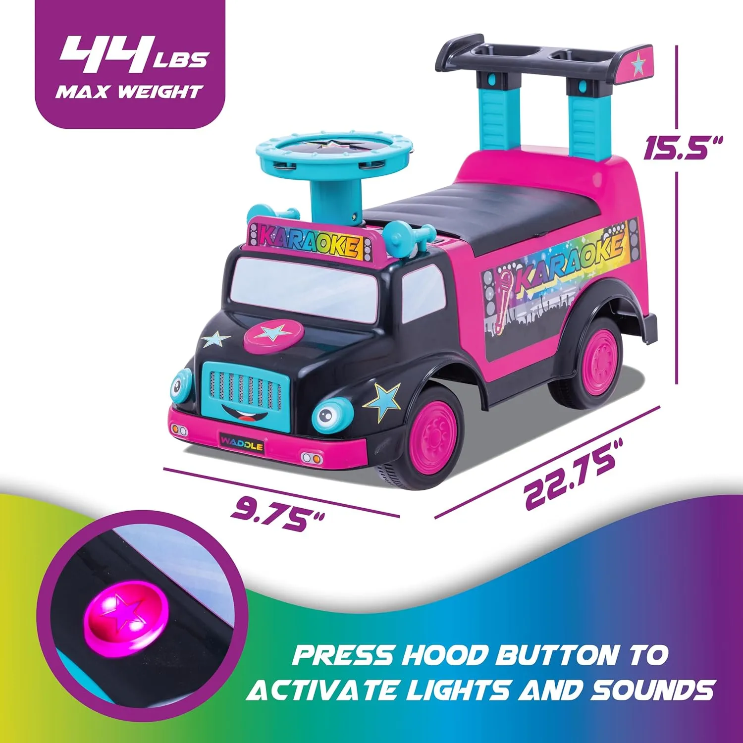 WADDLE Toddler Ride On Toy - Push Car, Interactive Musical Toys for Toddlers 1-3 with Microphone, Keyboard & Drumsticks, Toddler Activities, Foot to Floor, Durable Baby Car, Easy Assembly, Baby Toy