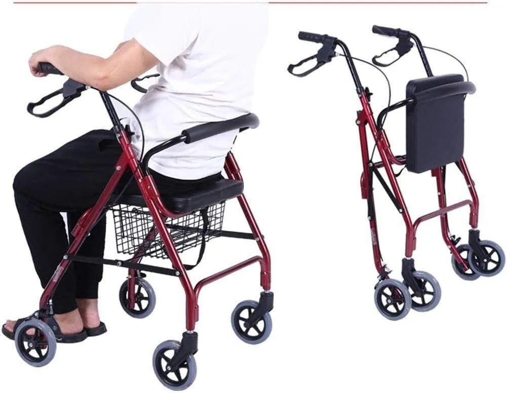 Walker 4 Wheeled with Basket,Rollator with Backrest, Seat and Bag Old Shopping Cart Walker Walker Can Sit and Fold