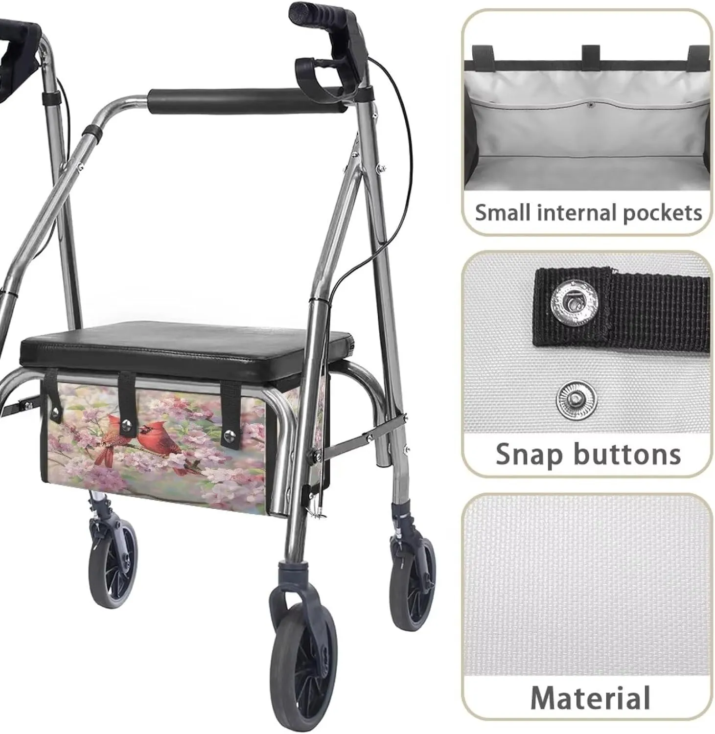 Walker Bag, Birds Walker Basket Rollator Walker Bag with Cup Holder Large Capacity Walker Accessories Organizer Bag Folding Walker Storage Bag Walker Accessories for Seniors
