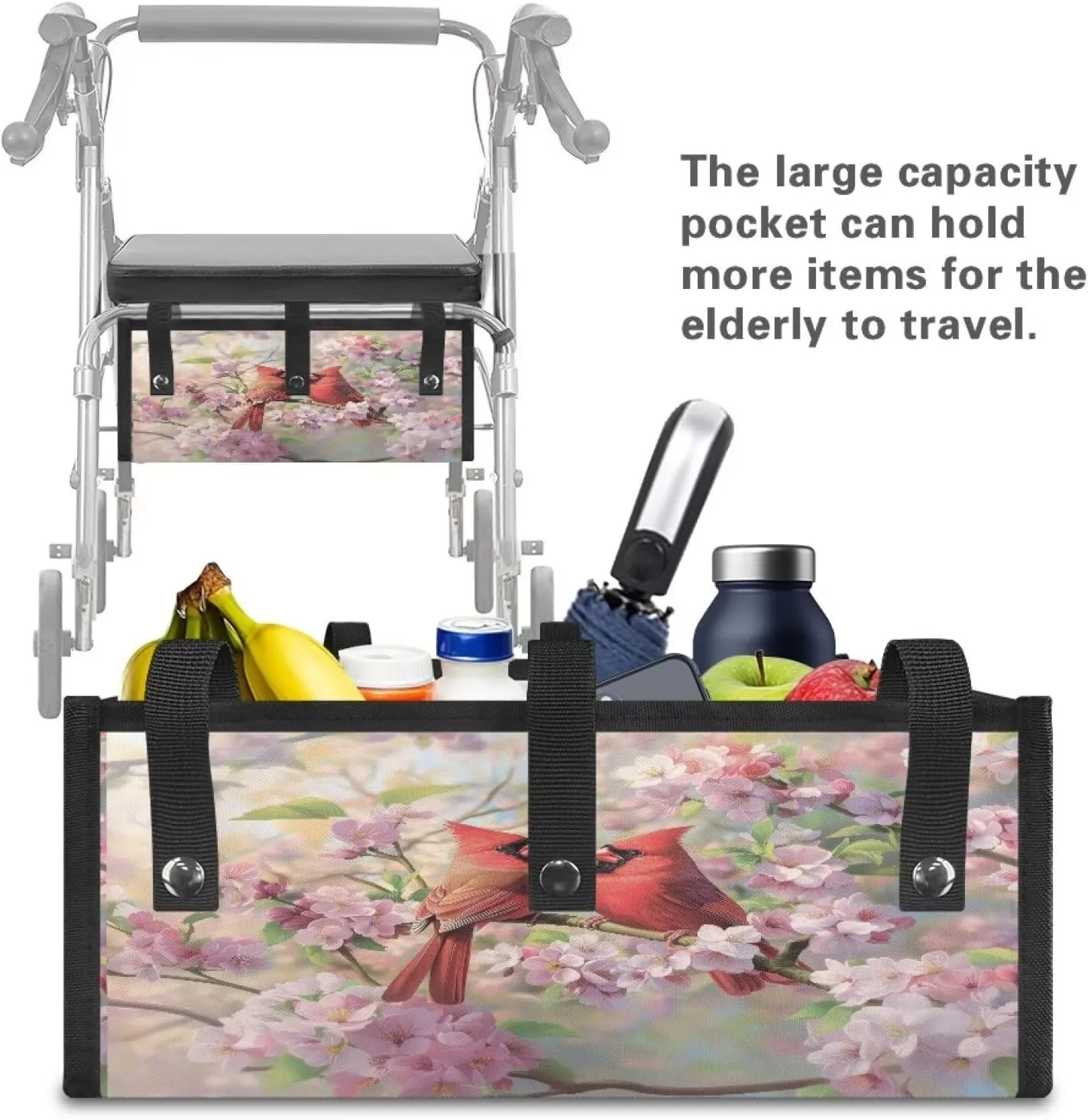 Walker Bag, Birds Walker Basket Rollator Walker Bag with Cup Holder Large Capacity Walker Accessories Organizer Bag Folding Walker Storage Bag Walker Accessories for Seniors