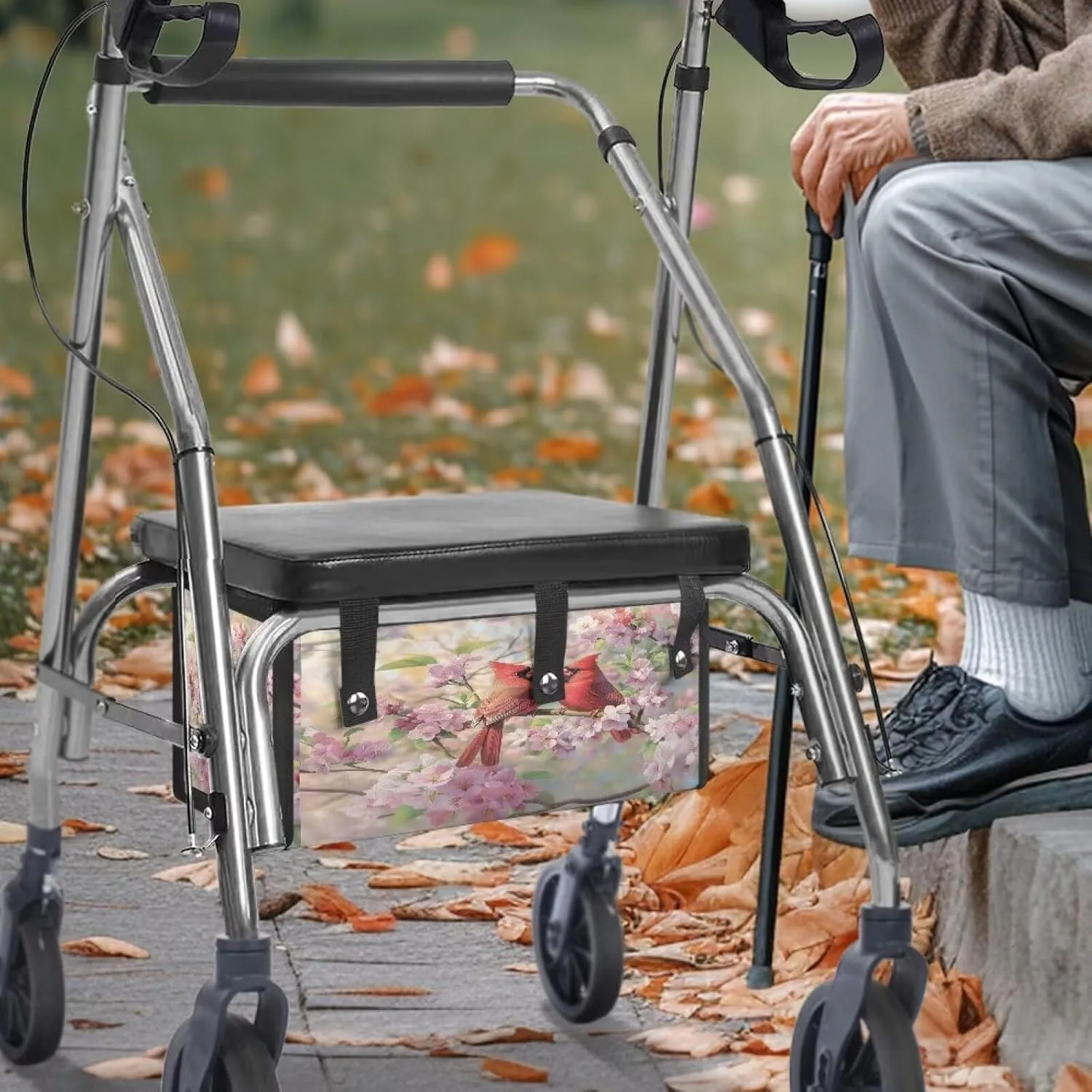 Walker Bag, Birds Walker Basket Rollator Walker Bag with Cup Holder Large Capacity Walker Accessories Organizer Bag Folding Walker Storage Bag Walker Accessories for Seniors