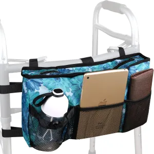 Walker Bag Organizer with Adjustable Shoulder Strap Pouch Accessories Basket Tote for Folding Rollator, Bariatric Walkers, Wheelchair (Blue Floral)