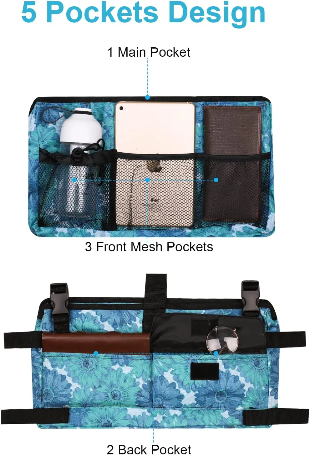 Walker Bag Organizer with Adjustable Shoulder Strap Pouch Accessories Basket Tote for Folding Rollator, Bariatric Walkers, Wheelchair (Blue Floral)