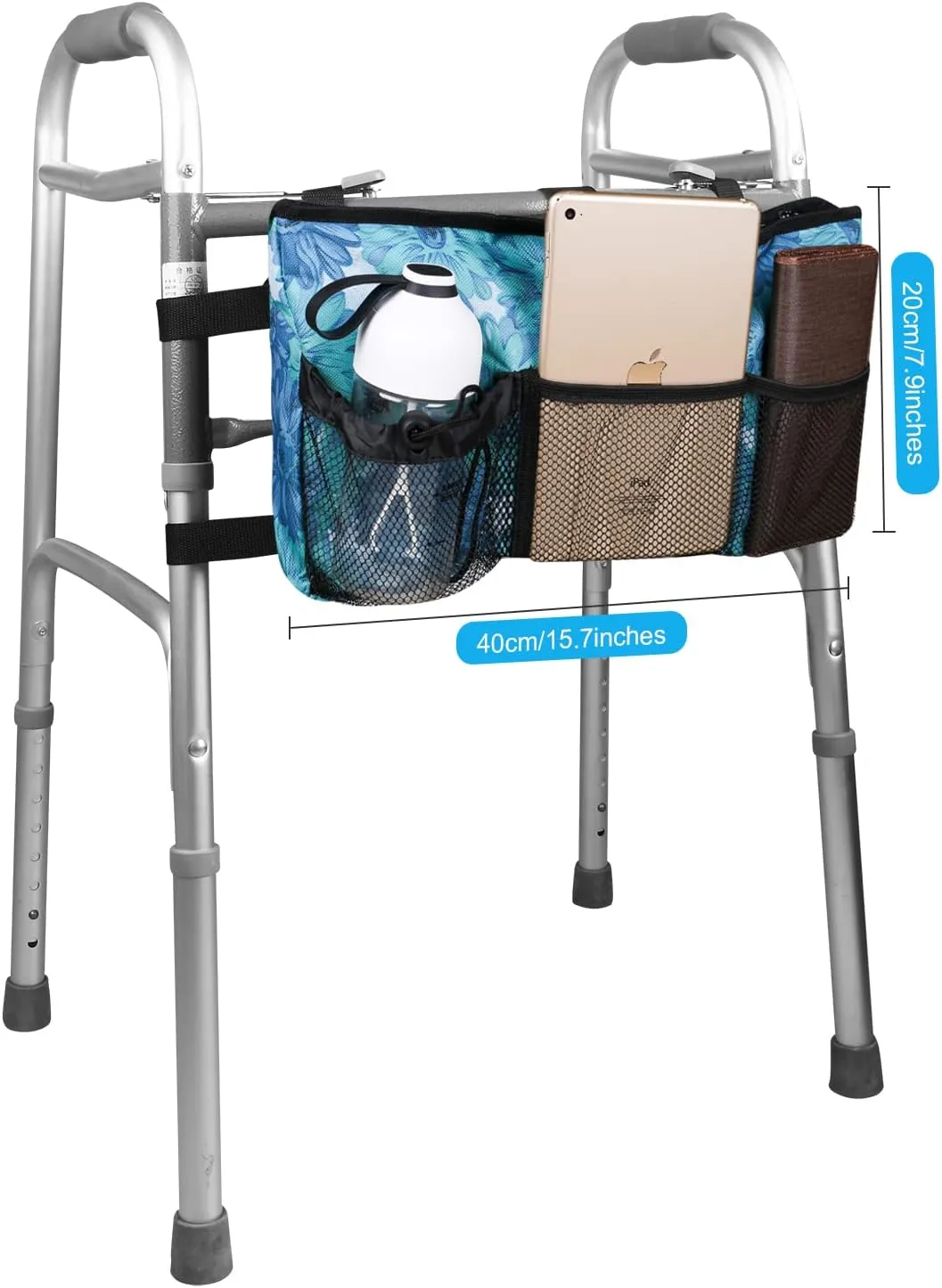 Walker Bag Organizer with Adjustable Shoulder Strap Pouch Accessories Basket Tote for Folding Rollator, Bariatric Walkers, Wheelchair (Blue Floral)