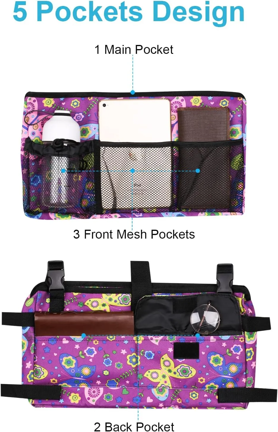 Walker Bag Organizer with Adjustable Shoulder Strap Walker Pouch Accessories Bag Water Resistant Storage Basket Tote Bag for Folding Walker,Rollator, Bariatric Walkers,Wheelchair (Purple Butterfly)
