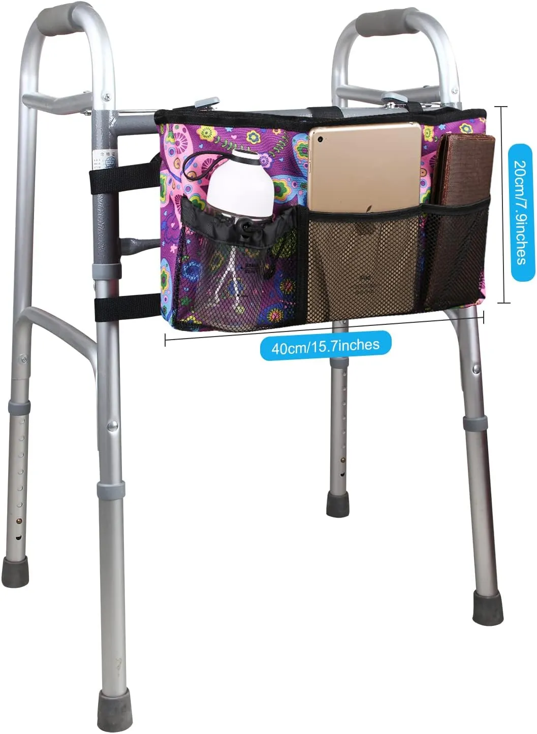 Walker Bag Organizer with Adjustable Shoulder Strap Walker Pouch Accessories Bag Water Resistant Storage Basket Tote Bag for Folding Walker,Rollator, Bariatric Walkers,Wheelchair (Purple Butterfly)