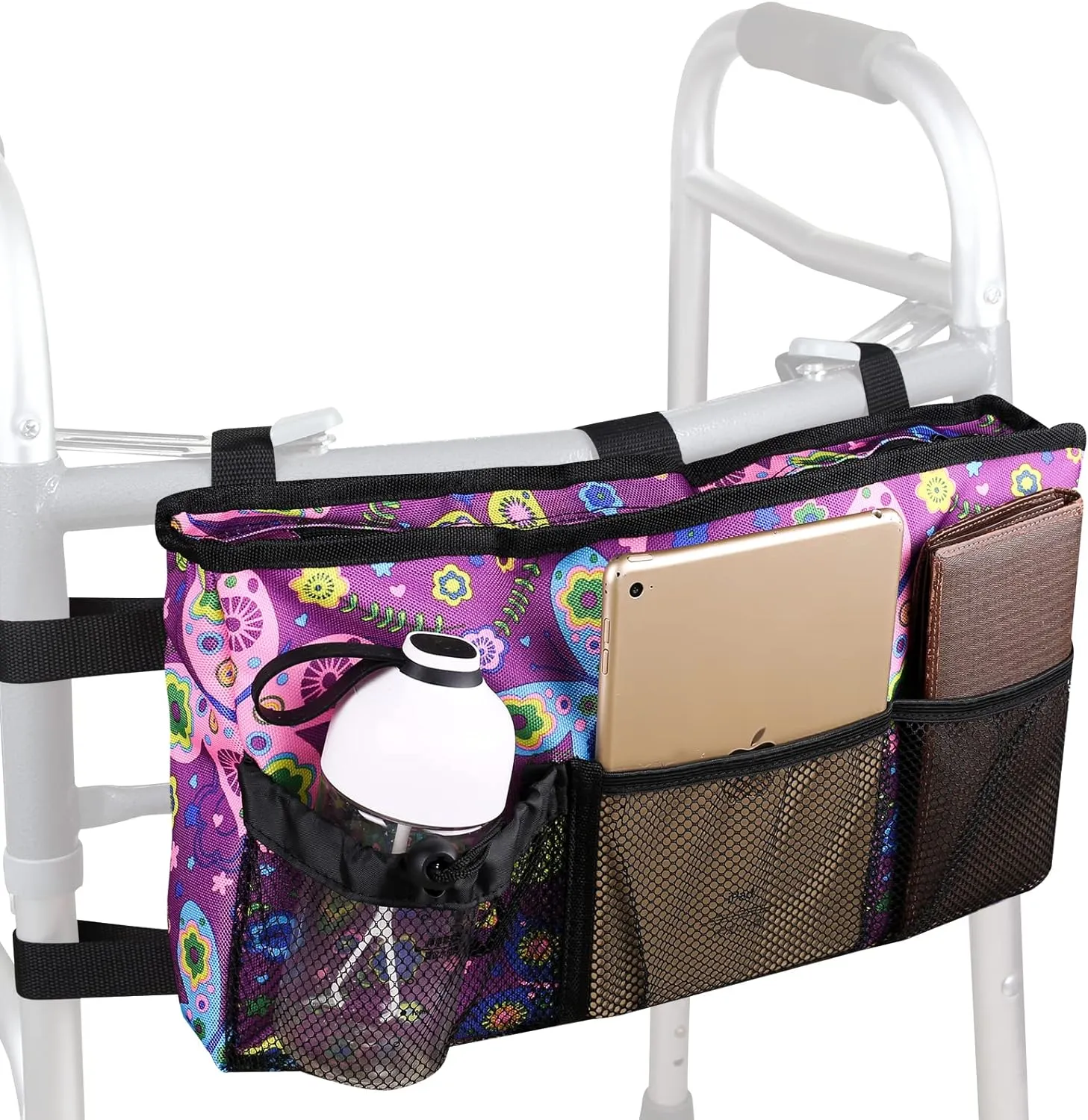 Walker Bag Organizer with Adjustable Shoulder Strap Walker Pouch Accessories Bag Water Resistant Storage Basket Tote Bag for Folding Walker,Rollator, Bariatric Walkers,Wheelchair (Purple Butterfly)