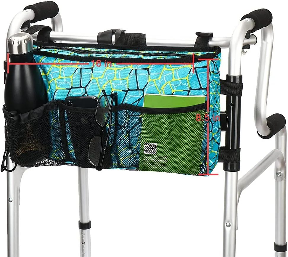Walker Bag - Water Resistant Pouch Basket with 6 Pockets for Rollator and Folding Walker, Wheelchairs,Bariatric Walkers (Colorful Blue)