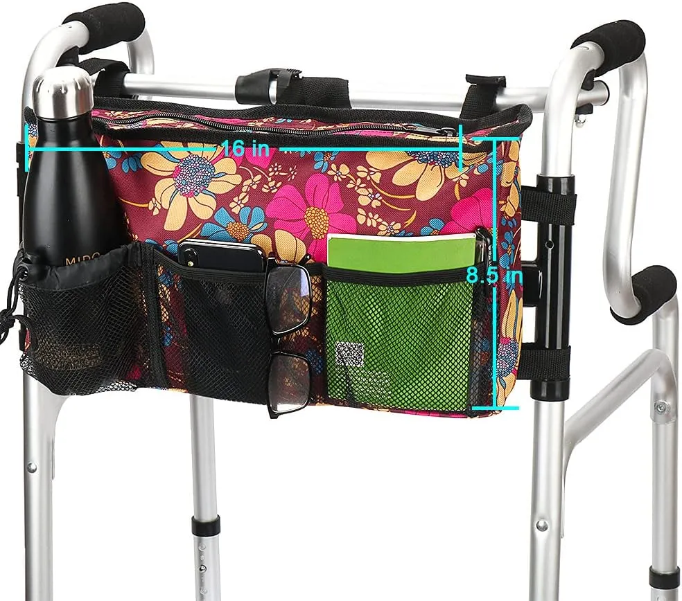 Walker Bag - Water Resistant Pouch Basket with 6 Pockets for Rollator and Folding Walker, Wheelchairs,Bariatric Walkers (Flower)
