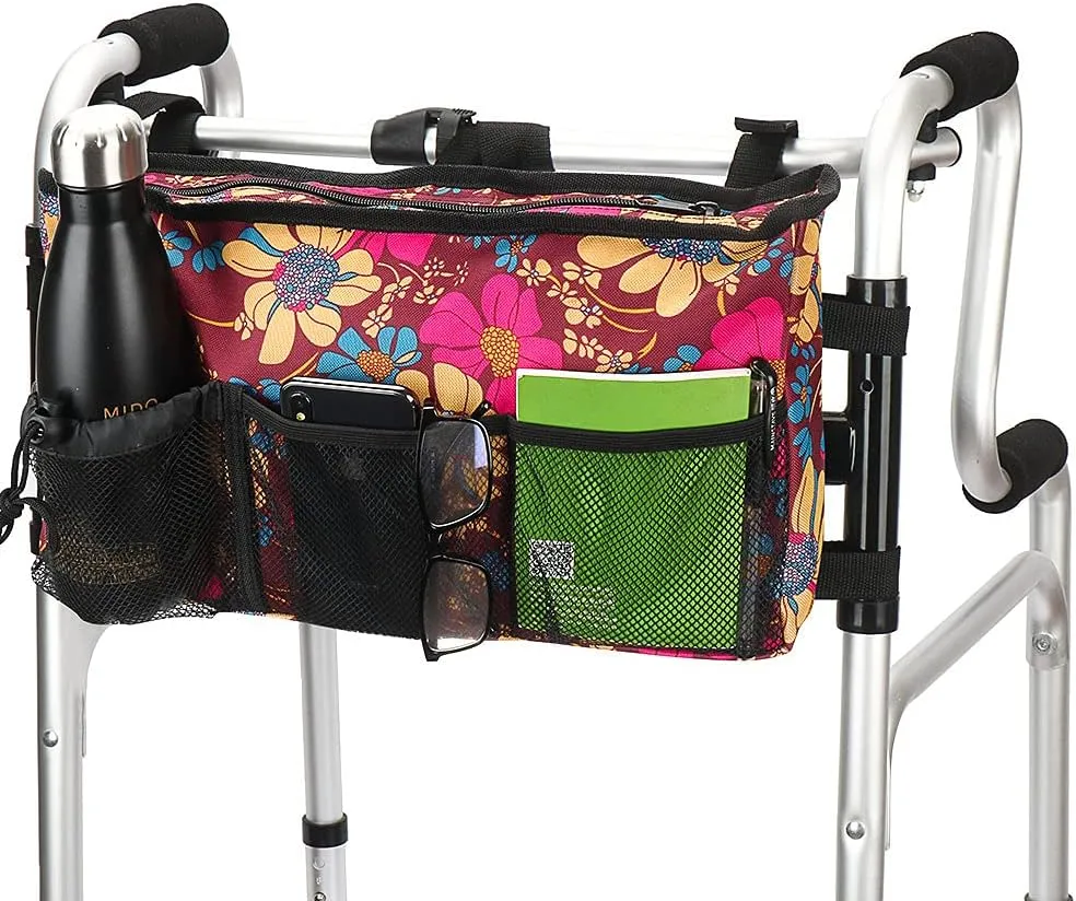 Walker Bag - Water Resistant Pouch Basket with 6 Pockets for Rollator and Folding Walker, Wheelchairs,Bariatric Walkers (Flower)