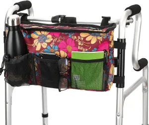 Walker Bag - Water Resistant Pouch Basket with 6 Pockets for Rollator and Folding Walker, Wheelchairs,Bariatric Walkers (Flower)