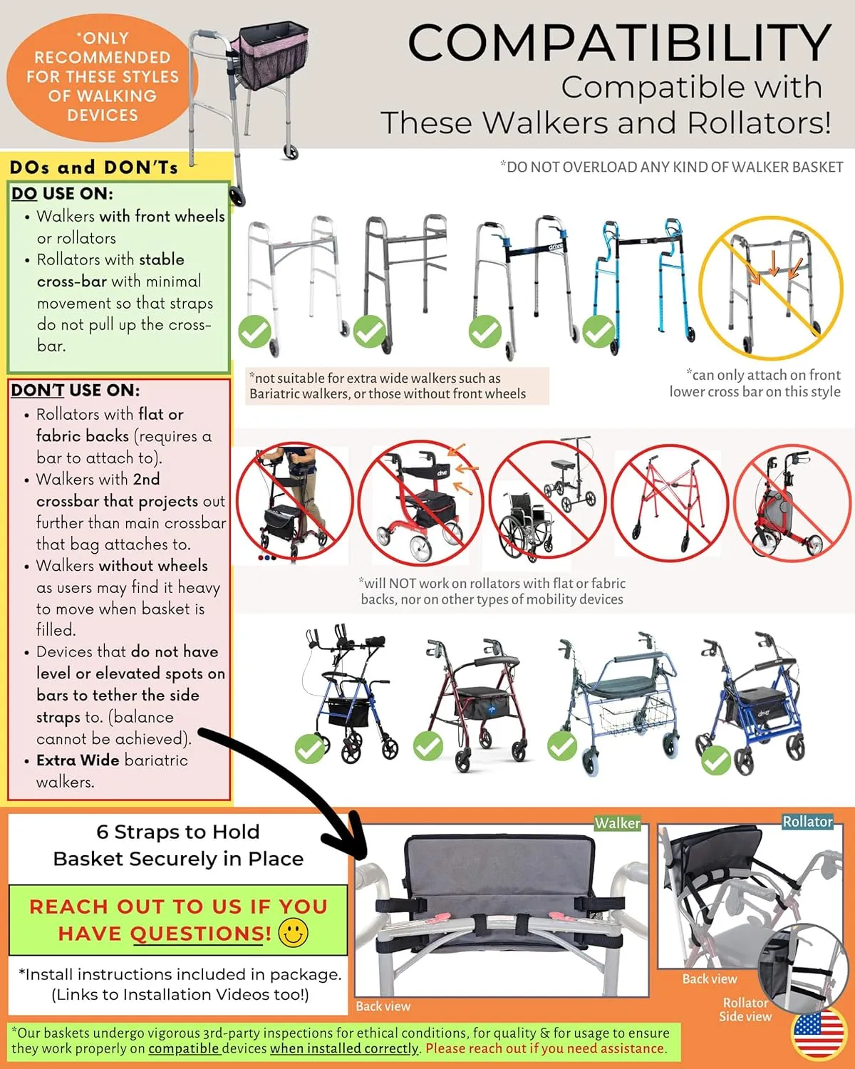 Walker Basket for Folding Walker with Flip-Down Walker Tray | Handy Cane/Reacher Strap & Cup Holder | Walker Bags for Folding Walker with Wheels, Organizer for Walker Accessories for Walker CaddyPlum