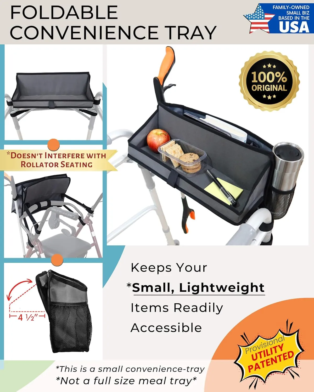 Walker Basket for Folding Walker with Flip-Down Walker Tray Reacher Cane Holder Strap Cup Holder | Basket for Walker Bags for Folding Walker with Wheels, Walker Accessories for Walker Rollator (GRAY)
