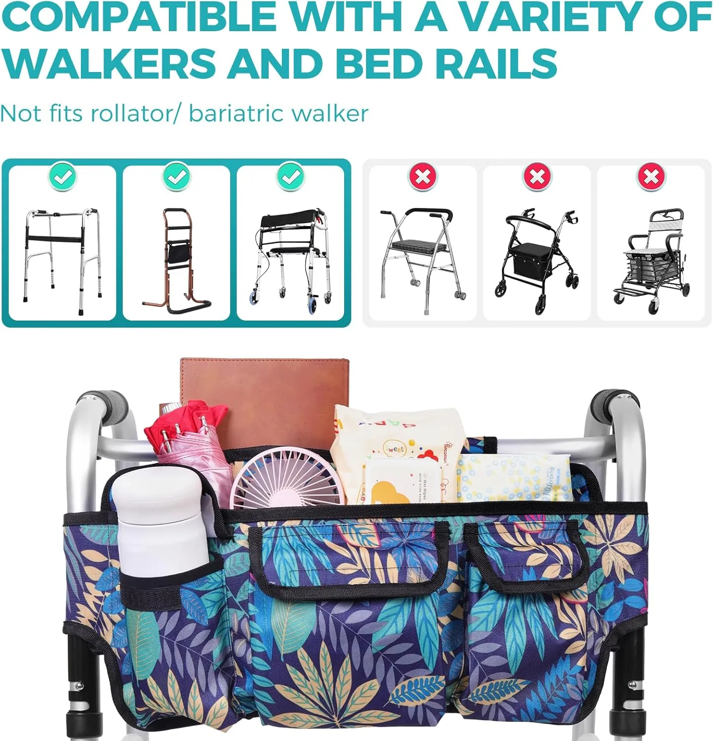 Walker Basket，Foldable Walker Storage Bag with Big Capacity，Multi Pockets Waterproof Walker Basket Tote Bag，Detachable Basket for Walkers for Seniors(Leaf)