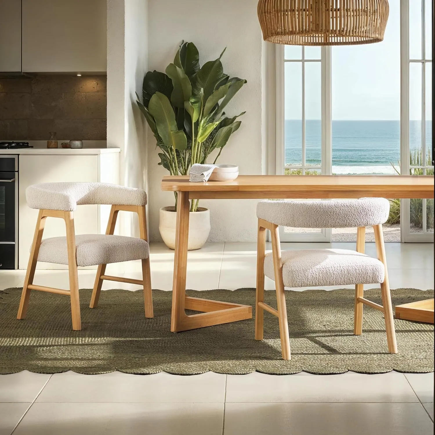 Walker Edision Ezra Modern Curved Back Dining Chair with Boucle Upholstery - Ivory (Set of 2)