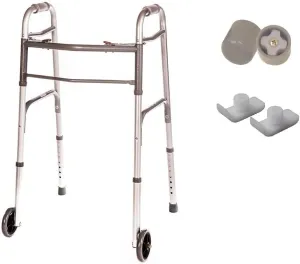 Walker Folding Deluxe 2 Button with Front 5" Wheels and Additional 2 Pair Free Rear Glides for, Adjustable Height (Short, Standard, Tall People) by Healthline Trading