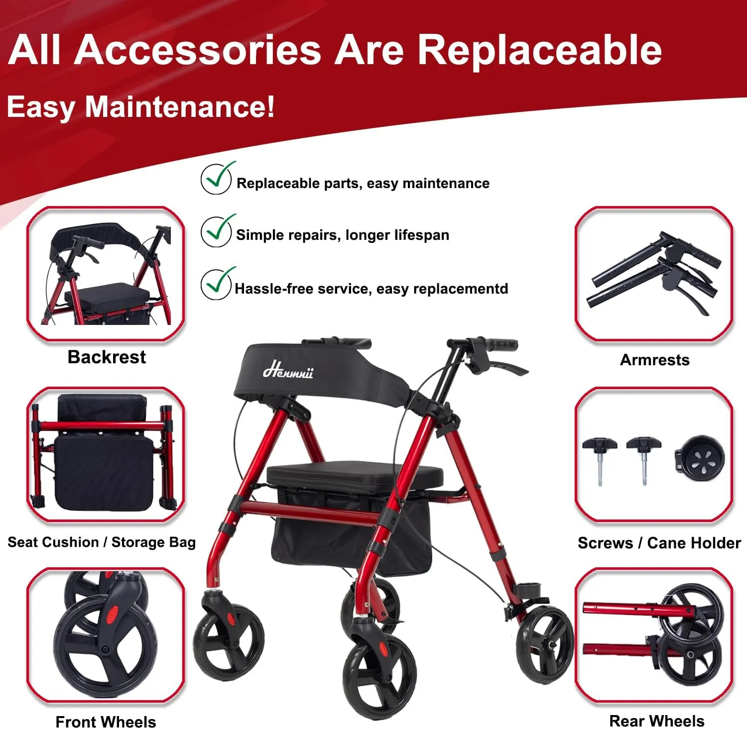 Walker for Seniors, Lightweight Rollator Walker with seat, Foldable Rolling Walker with 8 inch All Terrain Rubber Wheels, Ergonomic Adjustable Handles and Backrest for Seniors and Adult.