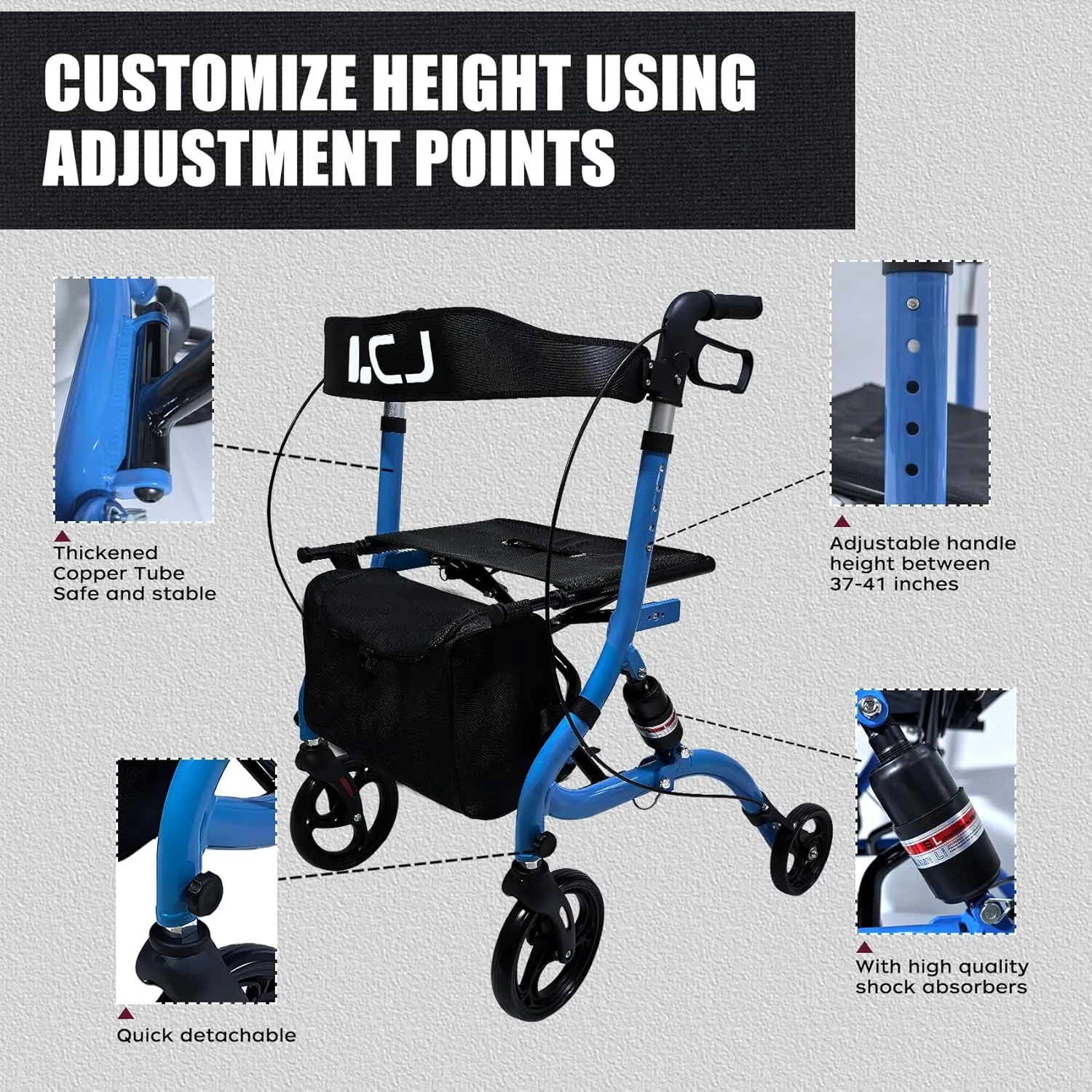 Walker for Seniors,Foldable Walker with Seat,8-inch Front Wheel,6-inch Rear Wheel,Height-Adjustable Seat,Equipped with Shopping Bag,for Elderly,Supports up to 300 lbs(Yellow-Standard Version)
