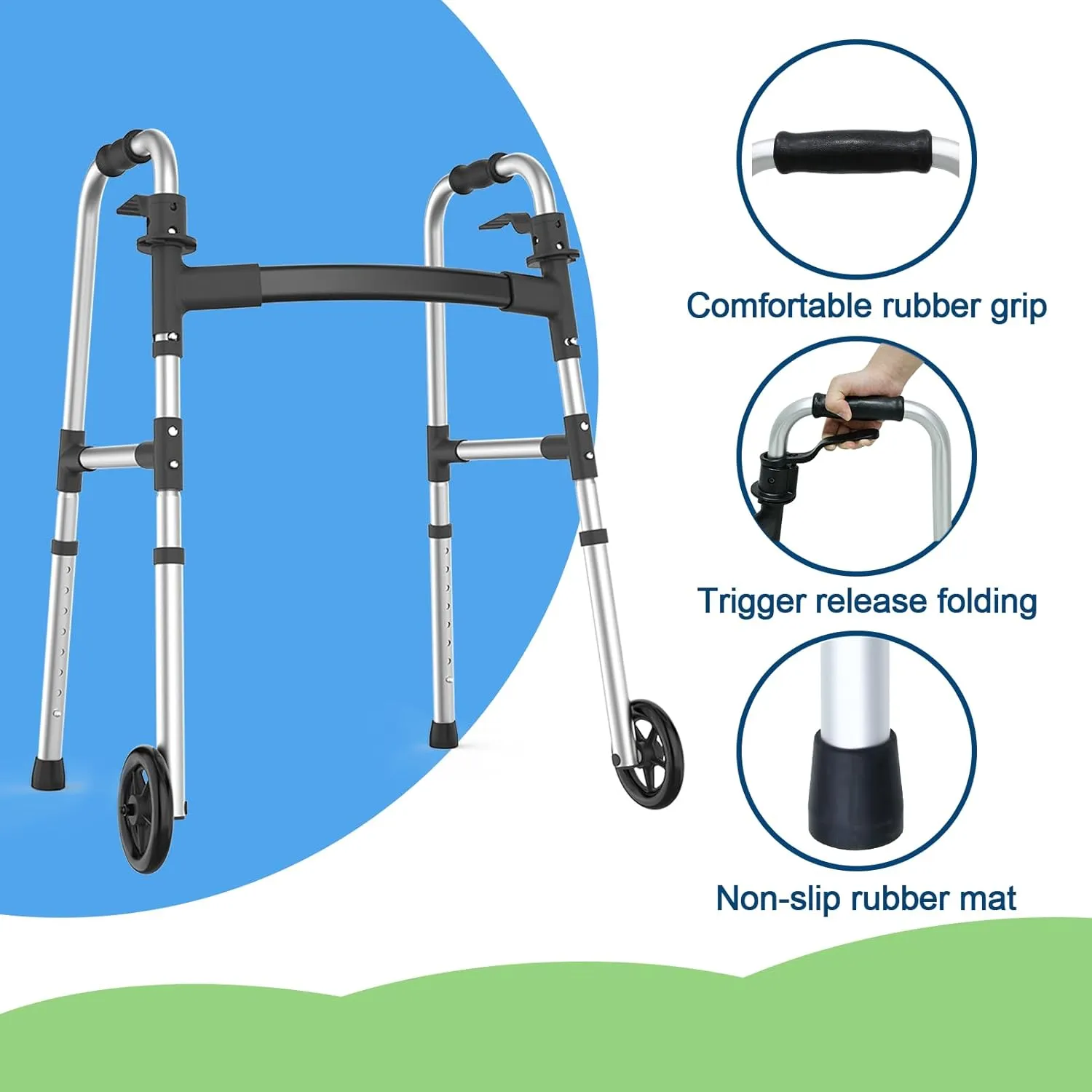 Walkers for Seniors, FSA/HSA Eligible Folding Walker with Ski Glides 5'' Front Wheel Medical Lightweight Walker Height Adjustable Aluminum Standard Walker for Handicap and Adults (Silver)