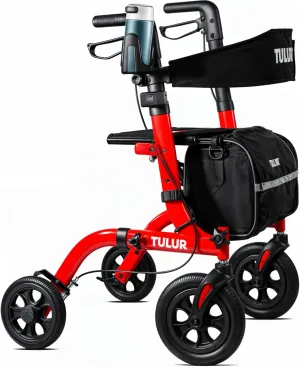 Walkers for Seniors, Rollator Walker with Seat, 10" Rubber Wheels All Terrain Rollator Walker with Backrest, Aluminum Walkers Built-in Cable Cup Holder, Foldable by TULUR（Red）