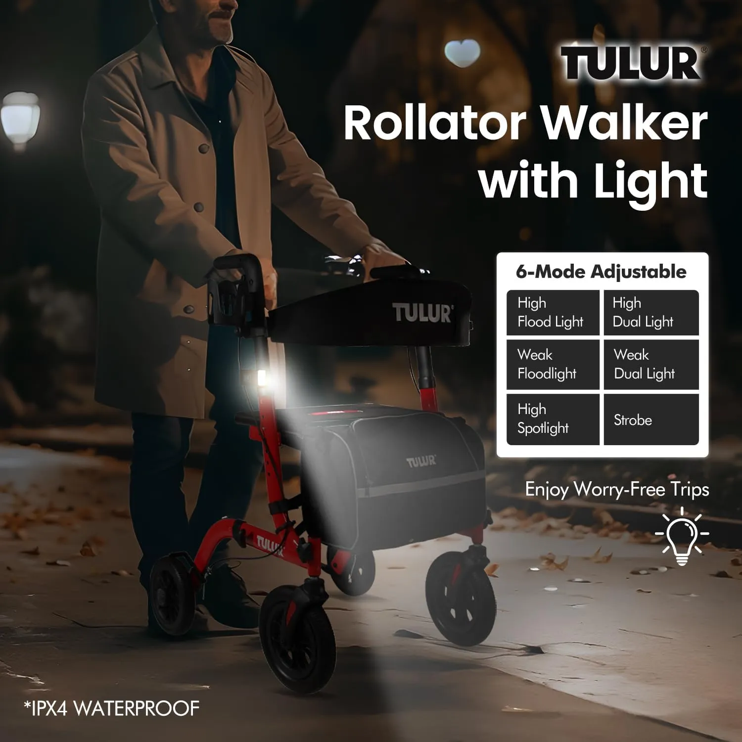 Walkers for Seniors, Rollator Walker with Seat, 10" Rubber Wheels All Terrain Rollator Walker with Backrest, Aluminum Walkers Built-in Cable Cup Holder, Foldable by TULUR（Red）