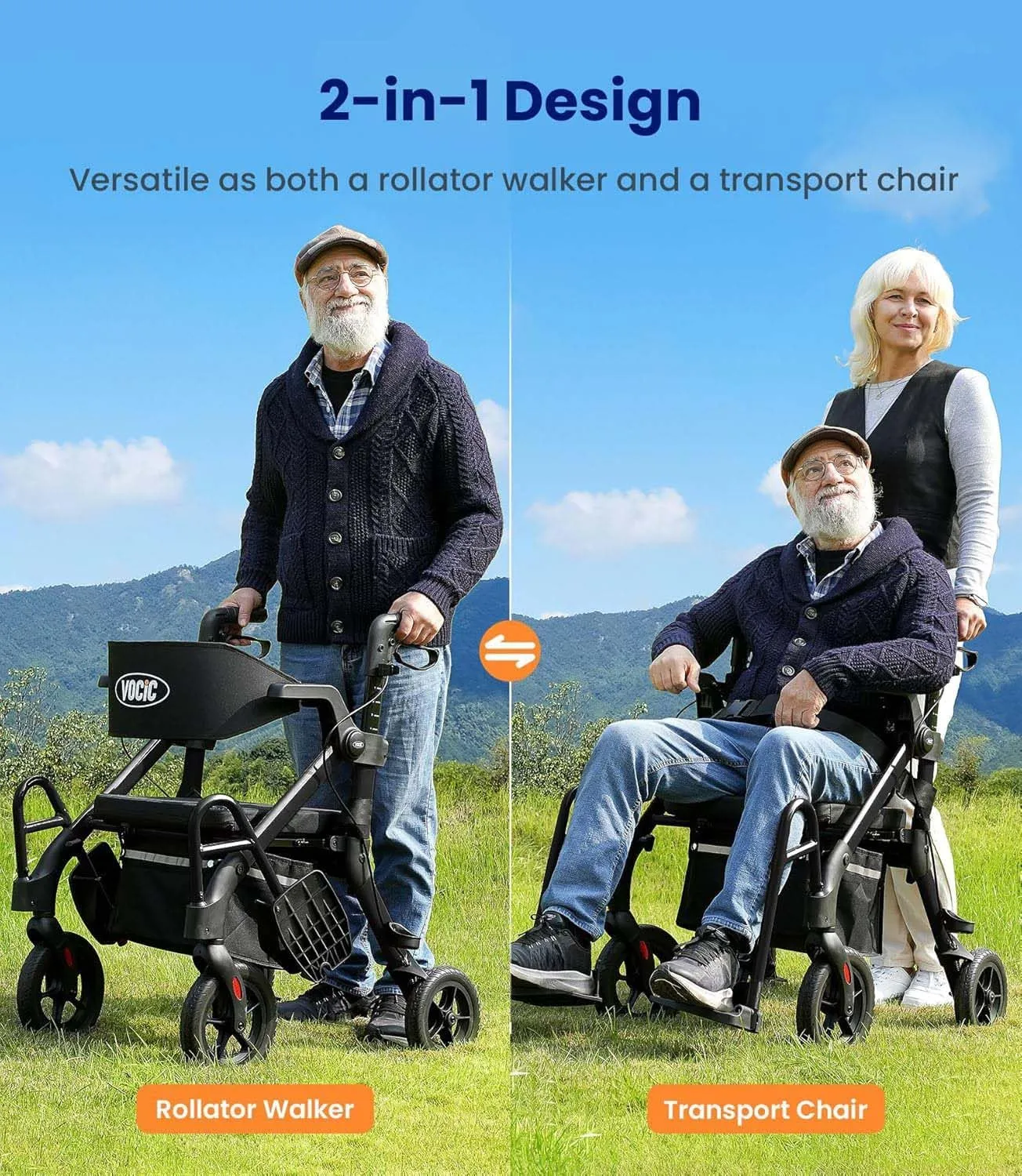 Walkers for Seniors, Rollator with Seat & Brakes, Rollator Foldable, Transport Chair, Folding Adult Walker, Bariatric Rollator, Walker Wheelchair Combo Z55-2025 New