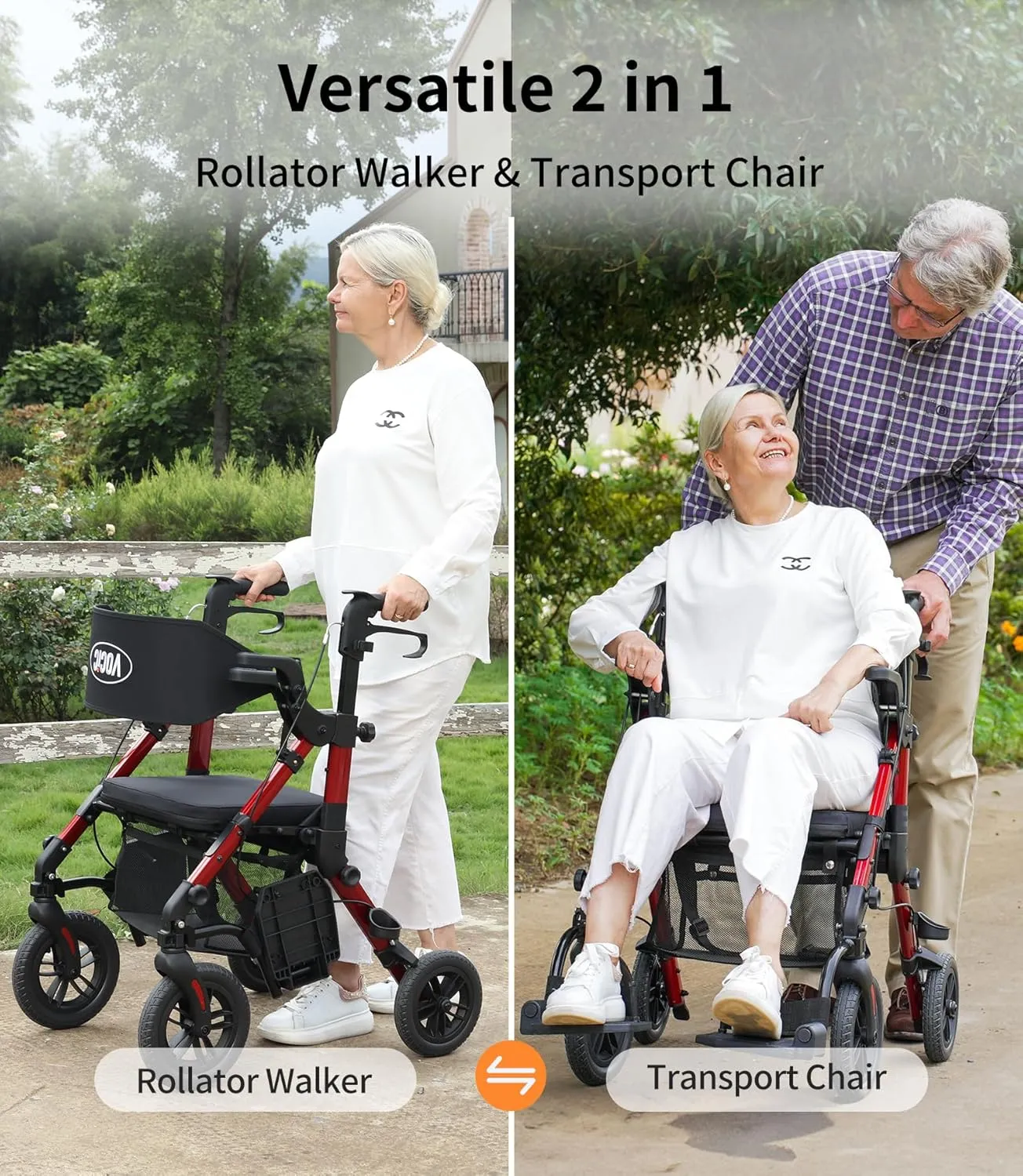 Walkers for Seniors, Wheelchairs for Adults, Rollator Walker with Seat, 2 in 1 Rollator Transport Chair with Brakes, Rollator Lightweight Foldable, Walker Wheelchair Combo Z51-FSA HSA