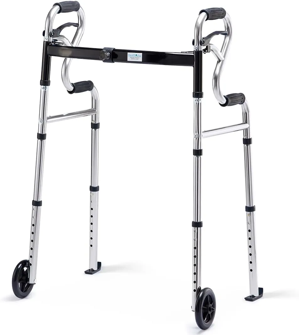Walkers for Seniors with 5” Front Wheels by Health Line Massage Products, Width Adjustable Compact Standard Walker Support Up to 350lbs, Quick Folding 2 Wheels Walker for Seniors, Adults Sliver