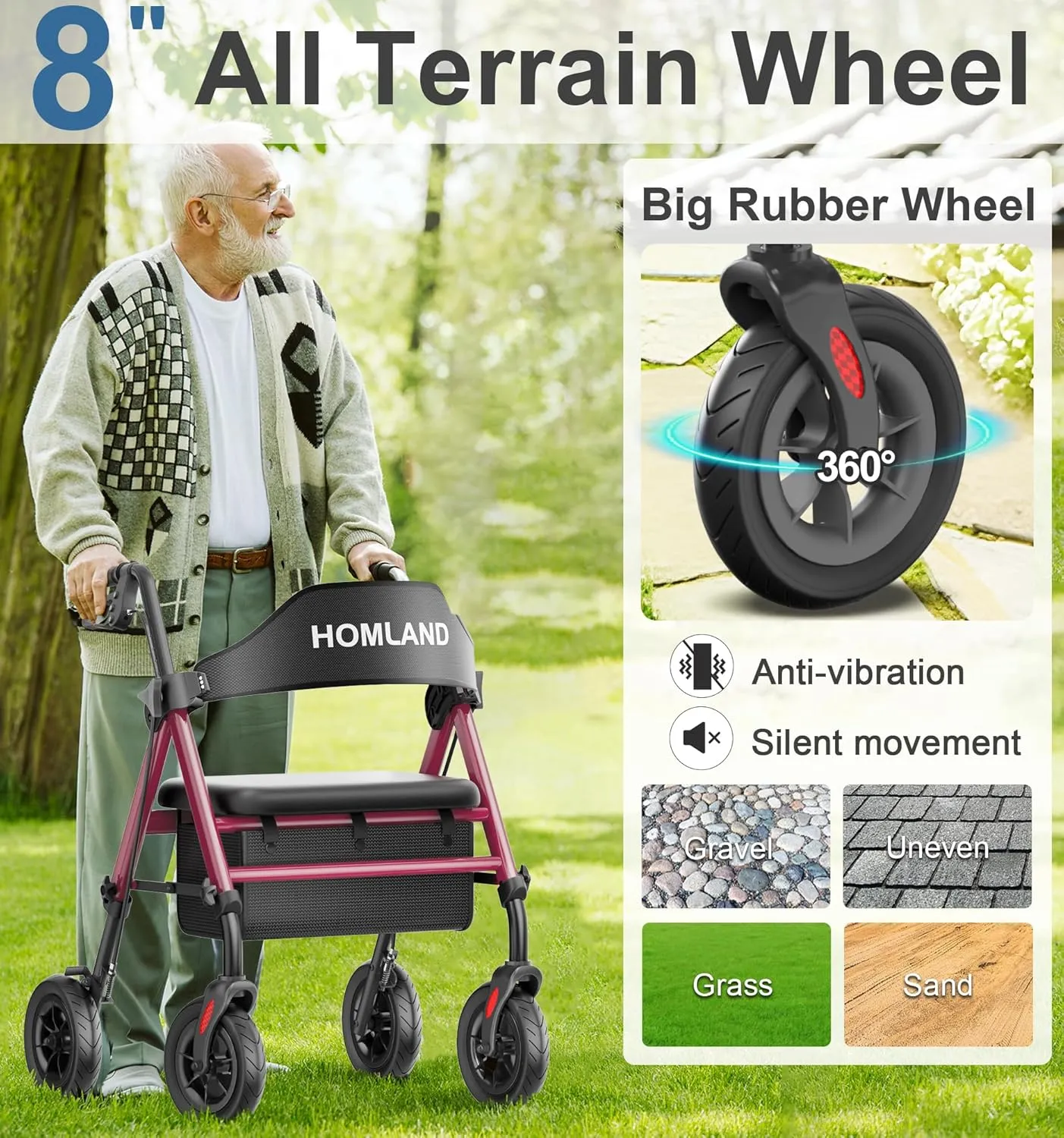 Walkers for Seniors with Seat, Foldable Rollator Walker, Reinforced Aluminum Frame, 8" Big Rubber Wheels for All Terrain, Height Adjustable Lightweight Rolling Walker