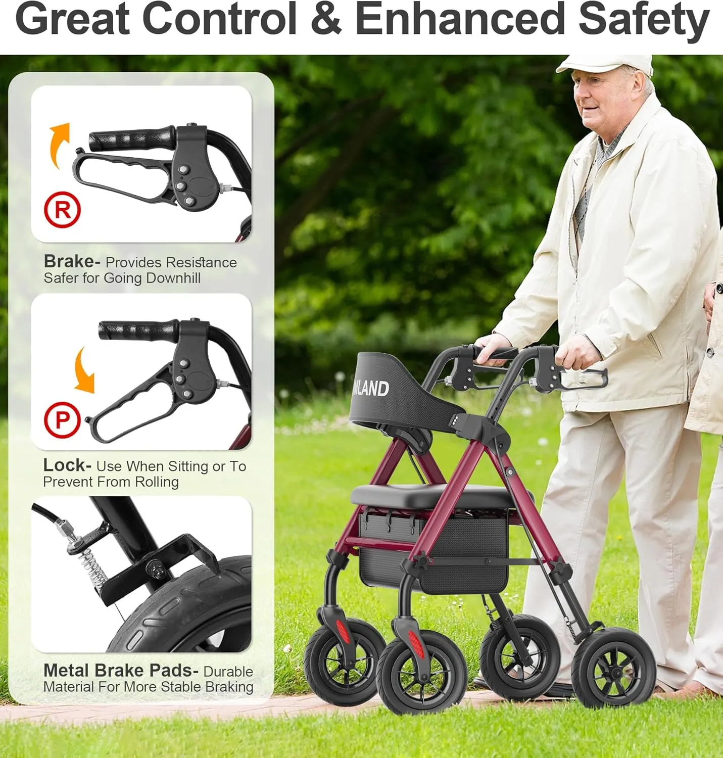 Walkers for Seniors with Seat, Foldable Rollator Walker, Reinforced Aluminum Frame, 8" Big Rubber Wheels for All Terrain, Height Adjustable Lightweight Rolling Walker