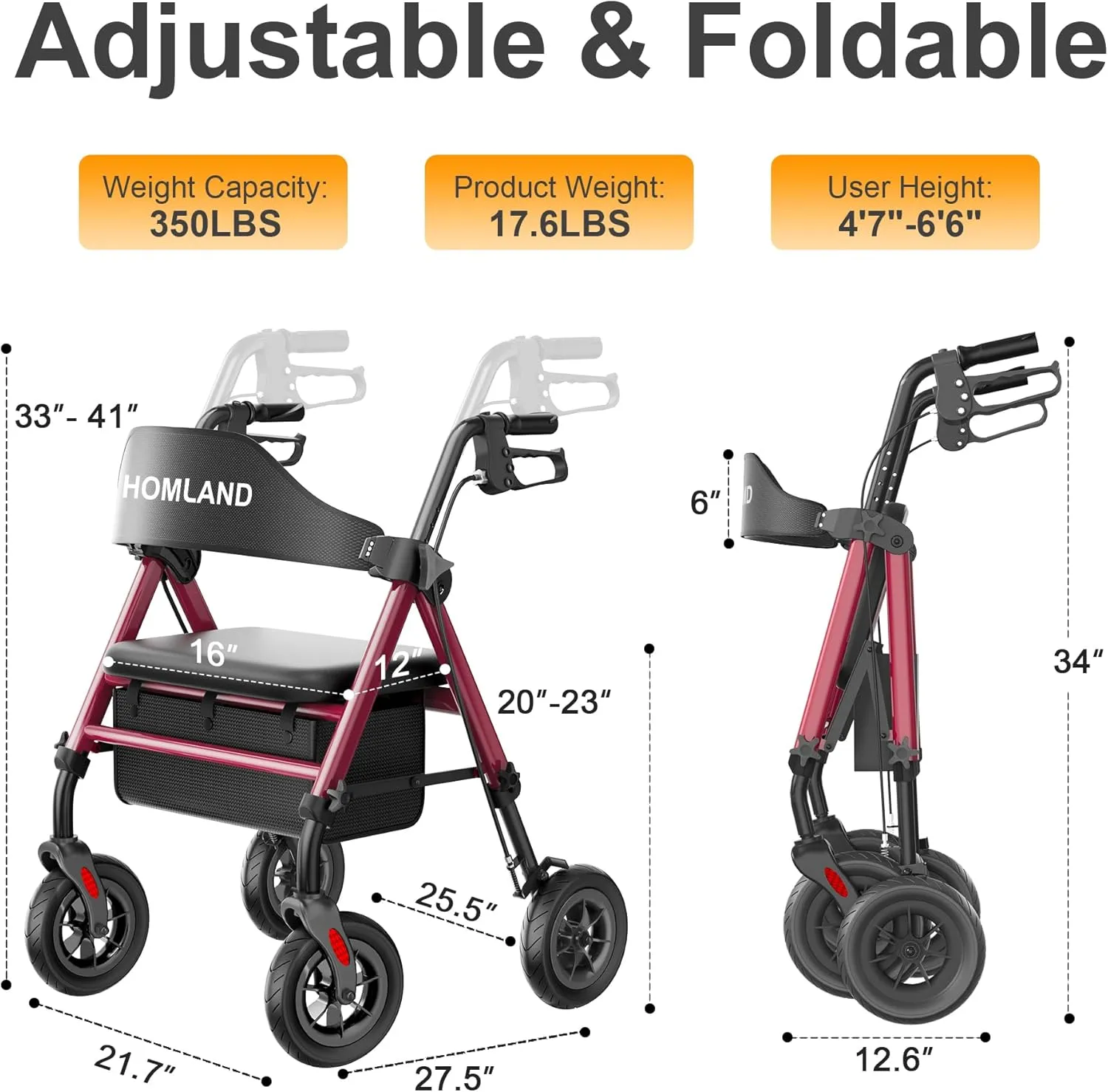 Walkers for Seniors with Seat, Foldable Rollator Walker, Reinforced Aluminum Frame, 8" Big Rubber Wheels for All Terrain, Height Adjustable Lightweight Rolling Walker