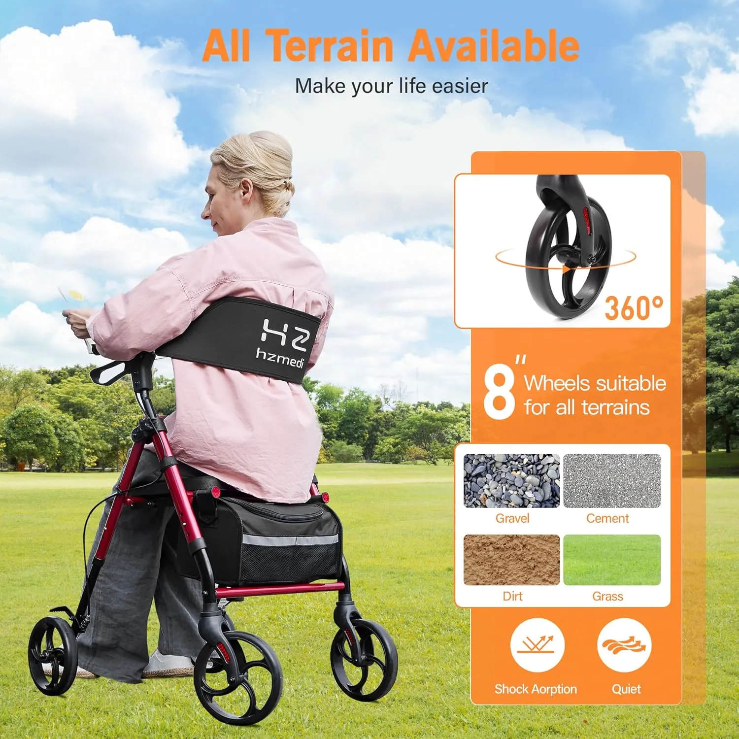 Walkers for Seniors with Seat, Foldable Rolling Walker with Durable Aluminum, Dual Adjustable Height Rolling Walker 8" Wheels Wheelchairs for Adults, All Terrain rollator Walker | Jujube Red
