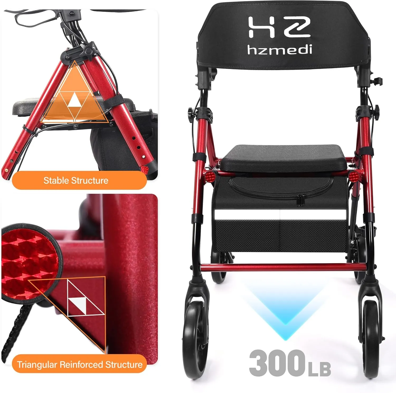 Walkers for Seniors with Seat, Foldable Rolling Walker with Durable Aluminum, Dual Adjustable Height Rolling Walker 8" Wheels Wheelchairs for Adults, All Terrain rollator Walker | Jujube Red