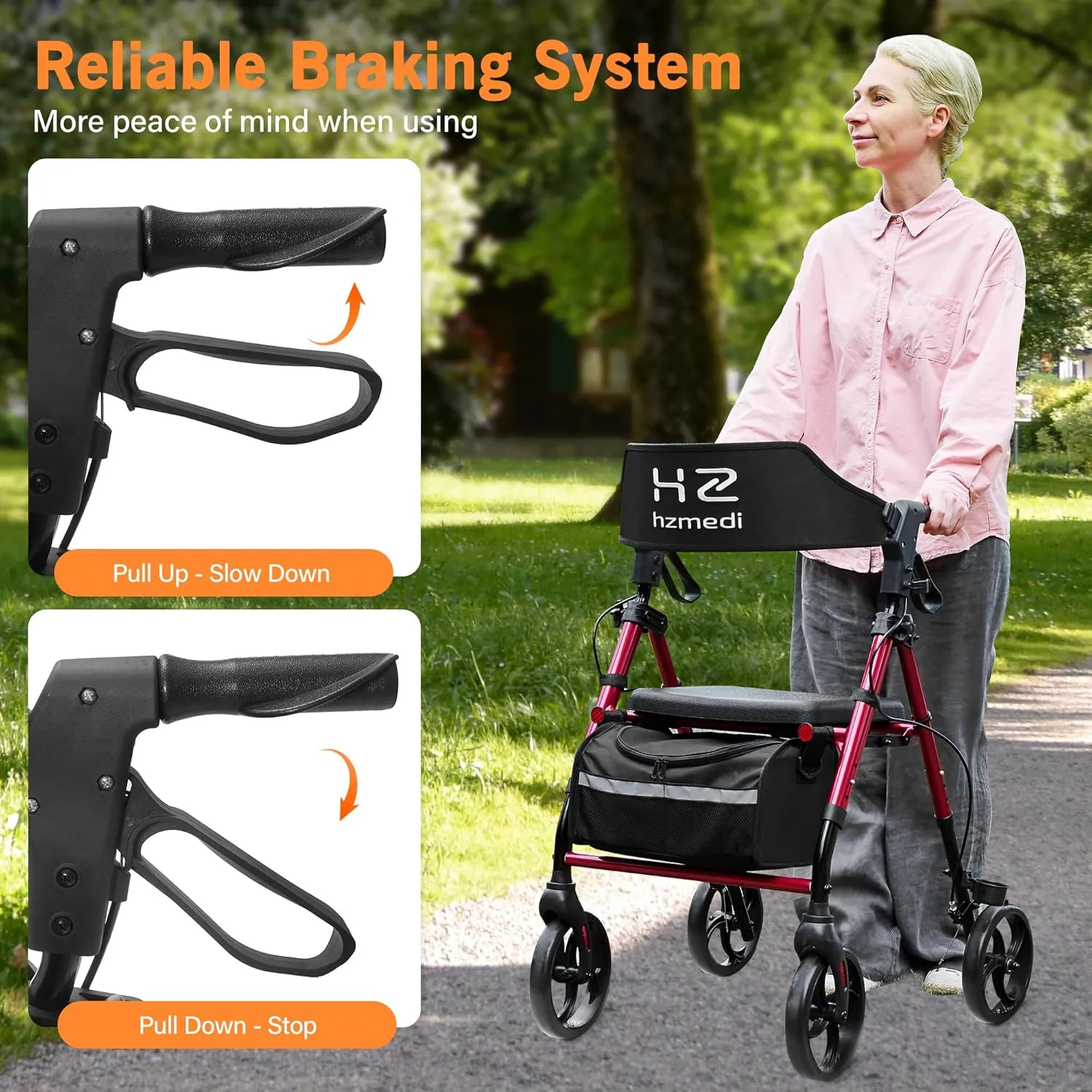 Walkers for Seniors with Seat, Foldable Rolling Walker with Durable Aluminum, Dual Adjustable Height Rolling Walker 8" Wheels Wheelchairs for Adults, All Terrain rollator Walker | Jujube Red