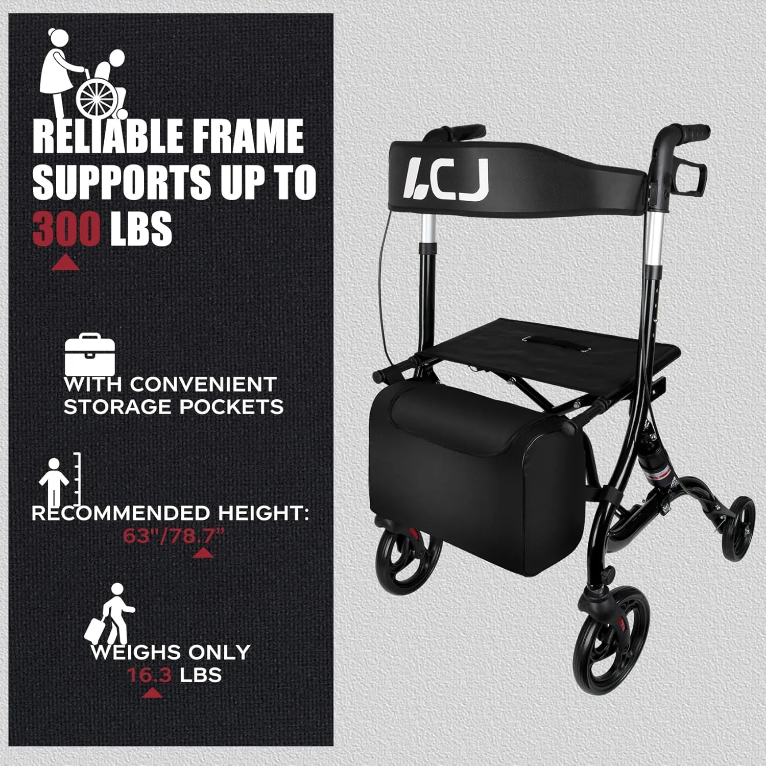 Walkers for Seniors with Seat,Mobility Scooters for Seniors,Rollator Walker with Foldable,8"Front Wheel,Height-Adjustable Seat,Equipped with Shopping Bag,Supports up to 300 lbs(Black-Standard version)