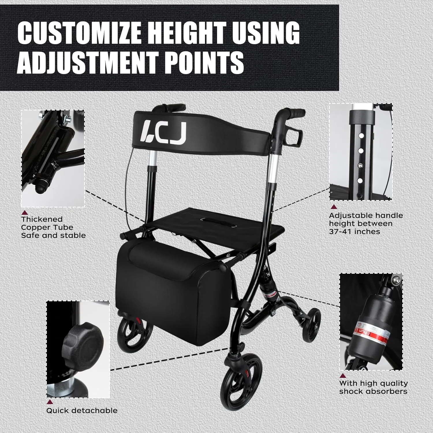 Walkers for Seniors with Seat,Mobility Scooters for Seniors,Rollator Walker with Foldable,8"Front Wheel,Height-Adjustable Seat,Equipped with Shopping Bag,Supports up to 300 lbs(Black-Standard version)