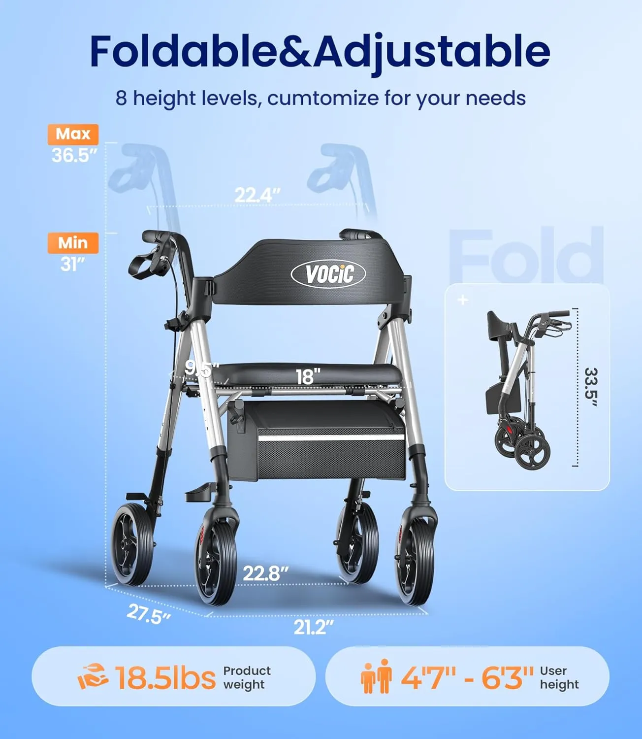 Walkers for Seniors, Z21 Rollator Walker with Seat Supports 350lb, 8" Big Wheels for All Terrain, Ergonomic Arc Seat & 6" Ultra Backrest Foldable Walker, Dual Height Adjustment, Lightweight 2025