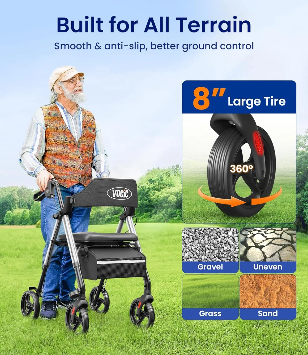 Walkers for Seniors, Z21 Rollator Walker with Seat Supports 350lb, 8" Big Wheels for All Terrain, Ergonomic Arc Seat & 6" Ultra Backrest Foldable Walker, Dual Height Adjustment, Lightweight 2025