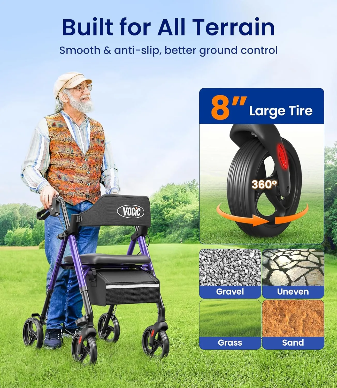 Walkers for Seniors, Z21 Rollator Walker with Seat Supports 350lb, 8" Big Wheels for All Terrain, Ergonomic Arc Seat & 6" Ultra Backrest Foldable Walker, Dual Height Adjustment, Lightweight 2025