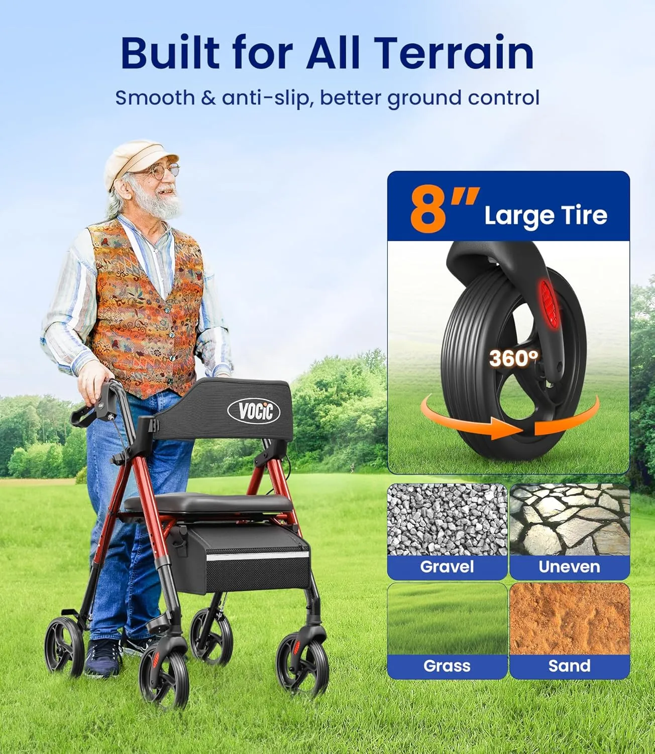 Walkers for Seniors, Z21 Rollator Walker with Seat Supports 350lb, 8" Big Wheels for All Terrain, Ergonomic Arc Seat & 6" Ultra Backrest Foldable Walker, Dual Height Adjustment, Lightweight 2025